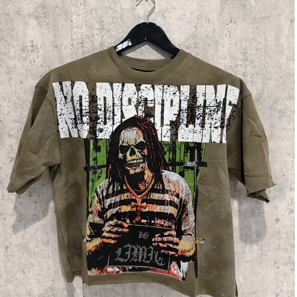 Bkys No Discipline Skull Graphic Short Sleeve Sweatshirt Olive Green Mens Small
